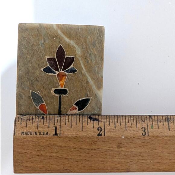 Vtg Beige Soapstone Marble Lidded Trinket Box Floral Inlay Rectangle India - Picture 13 of 16